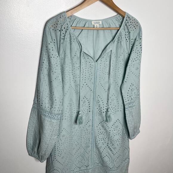 Sundance Womens Coastland Dress XS Aqua Eyelet Boho Cotton Peasant Tasseled - Picture 4 of 9